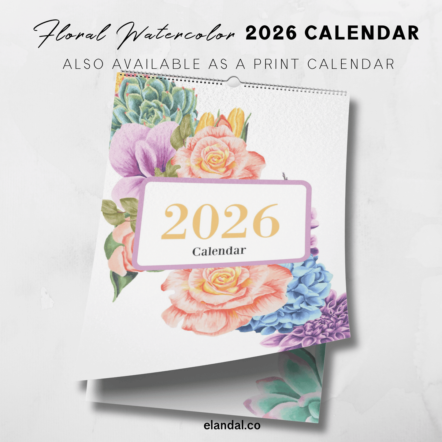 2026 Printable Floral Watercolor Wall Calendar