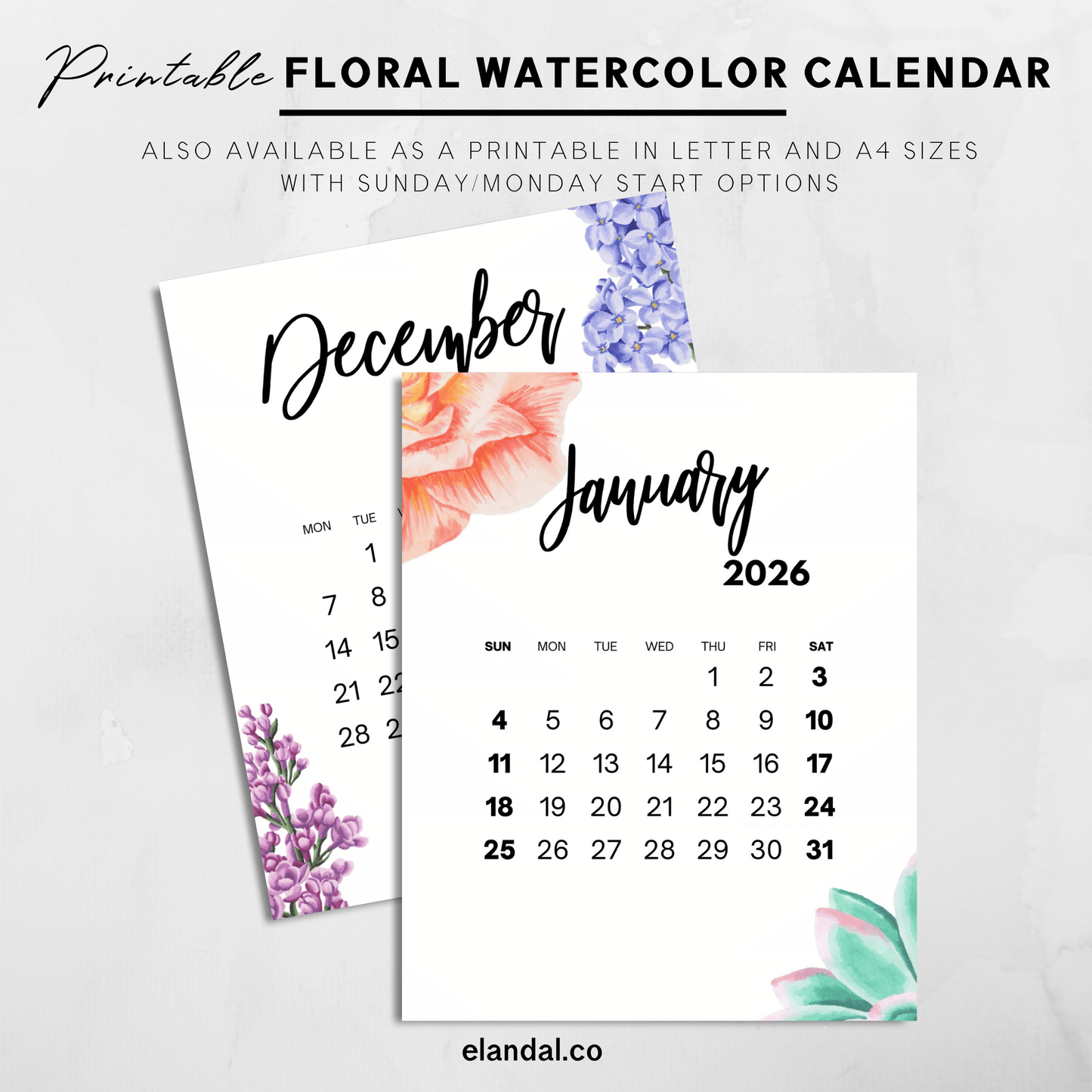 Calendario de pared con acuarela para imprimir en 2025