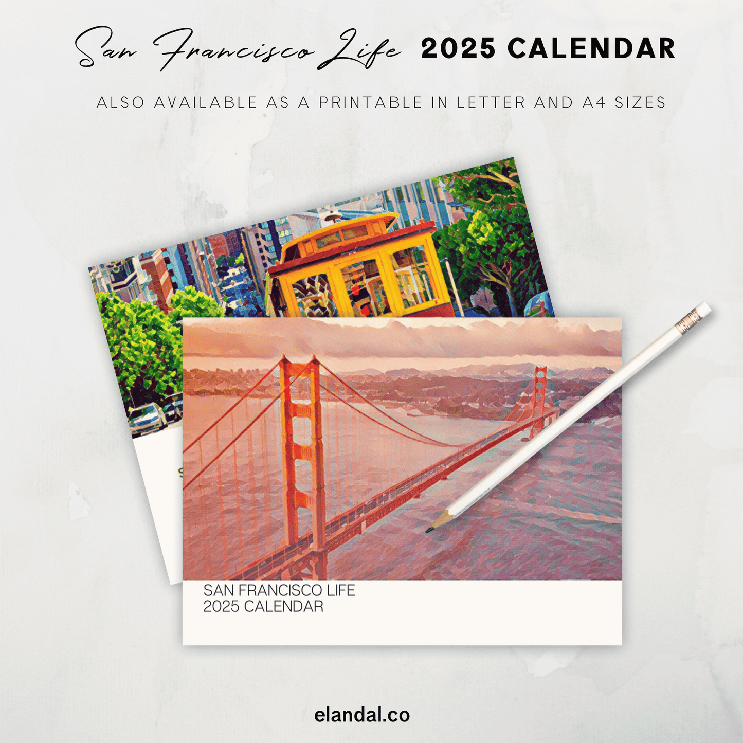 Calendario de pared ilustrado de San Francisco para imprimir en 2025