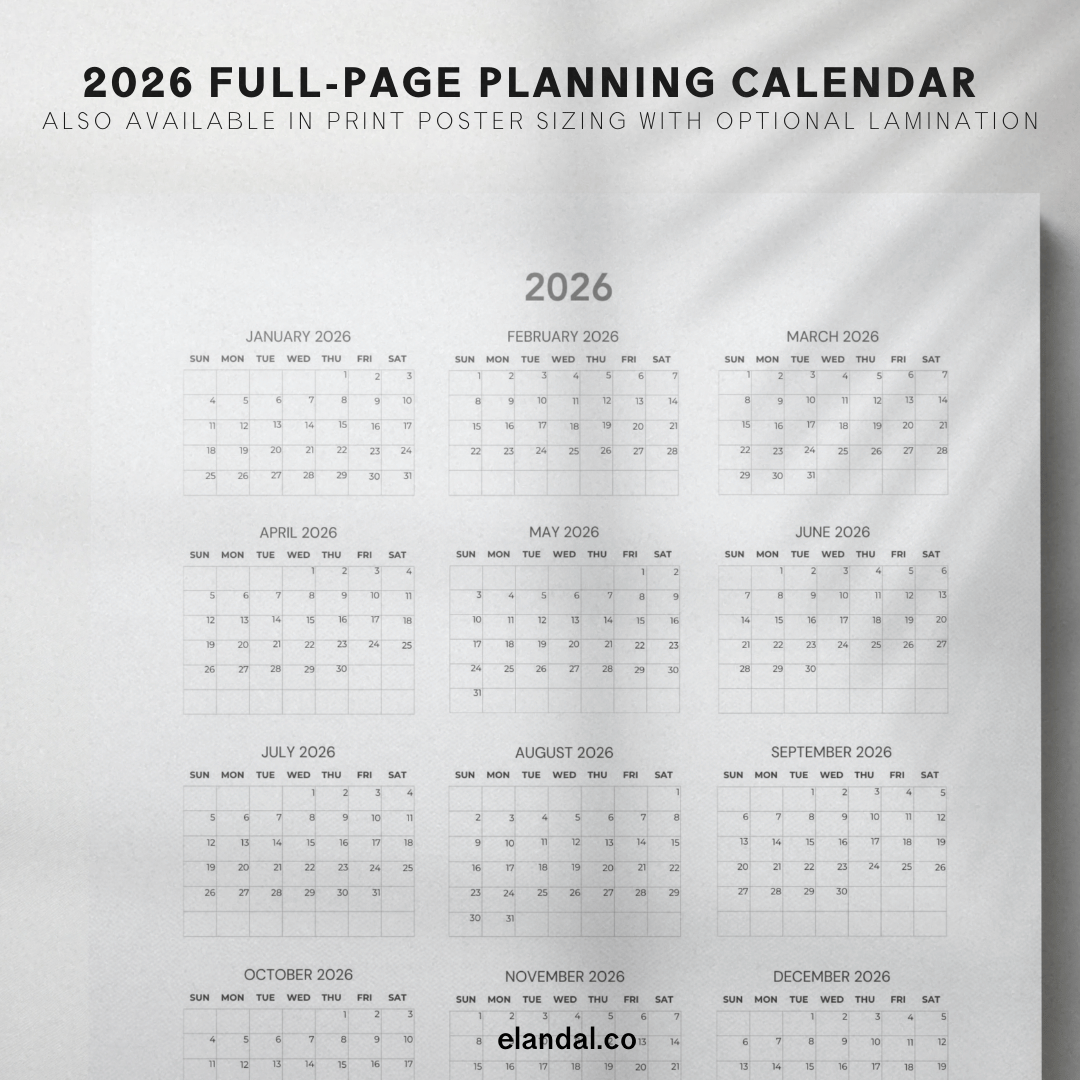 2026 Printable Minimalist Portrait Poster Calendar