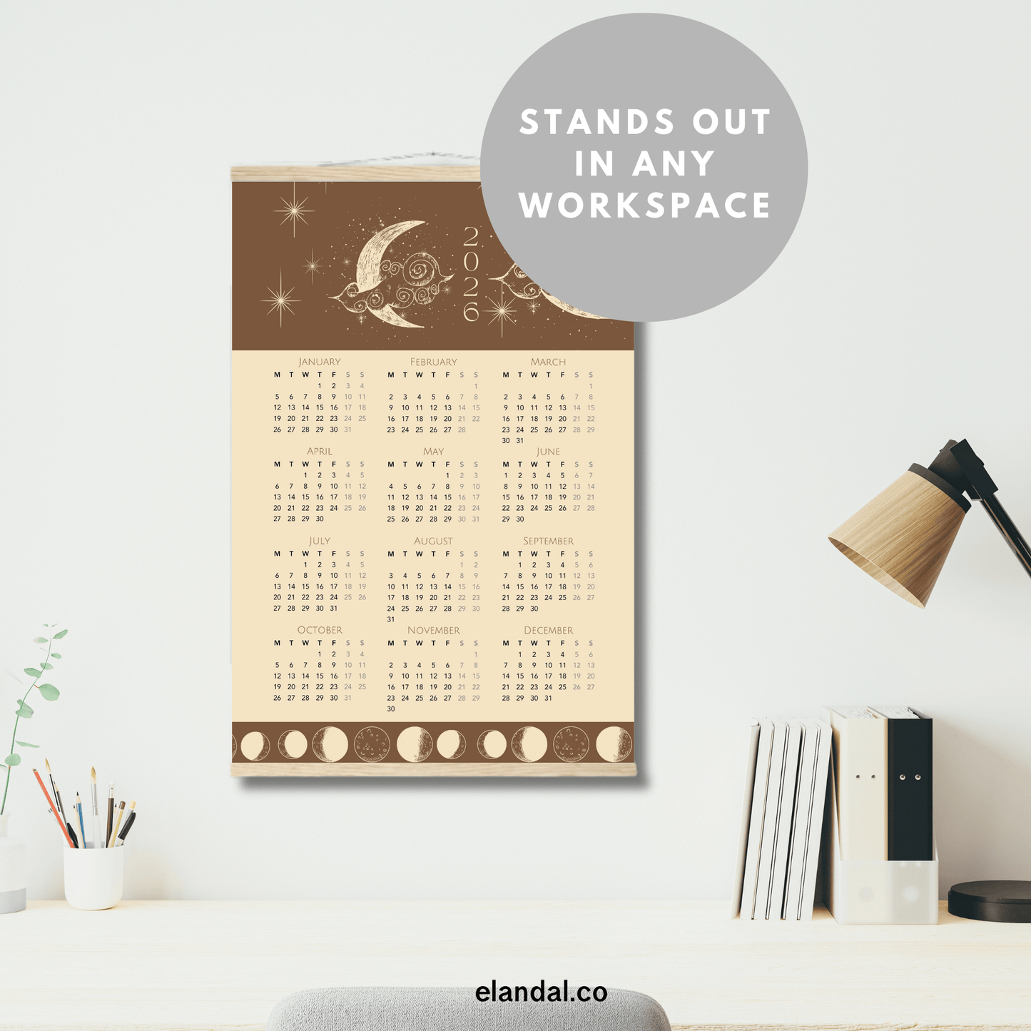 2026 Print Moon Tapestry Poster Wall Calendar with Hangers