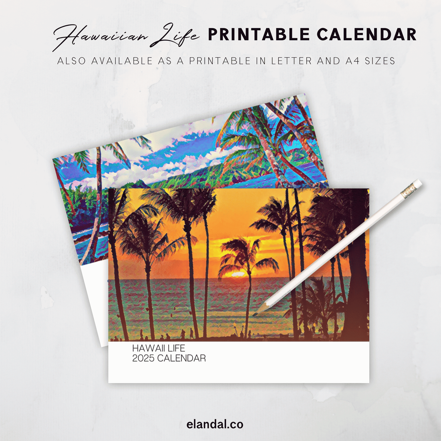 Calendario de pared ilustrado de Hawaii Life para imprimir en 2025