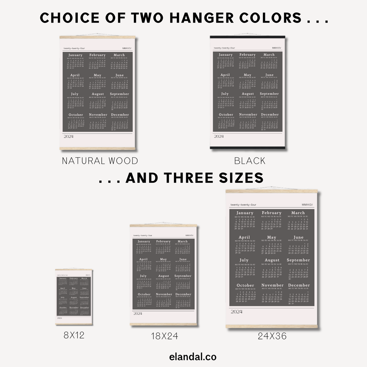 2025 Slate Grey Poster Calendar - Light Border with Hangers