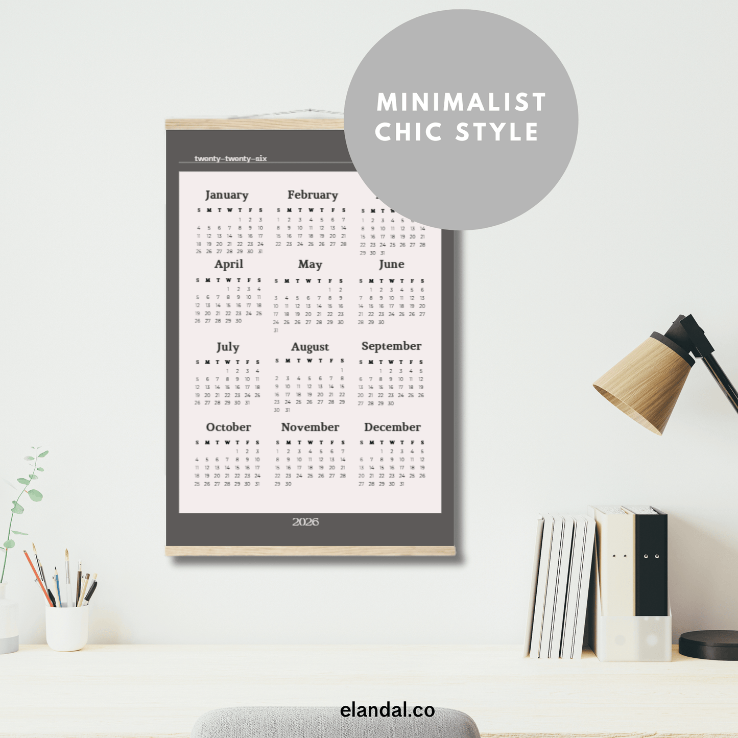 2026 Slate Grey Bordered Off White Print Poster Calendar with Hangers