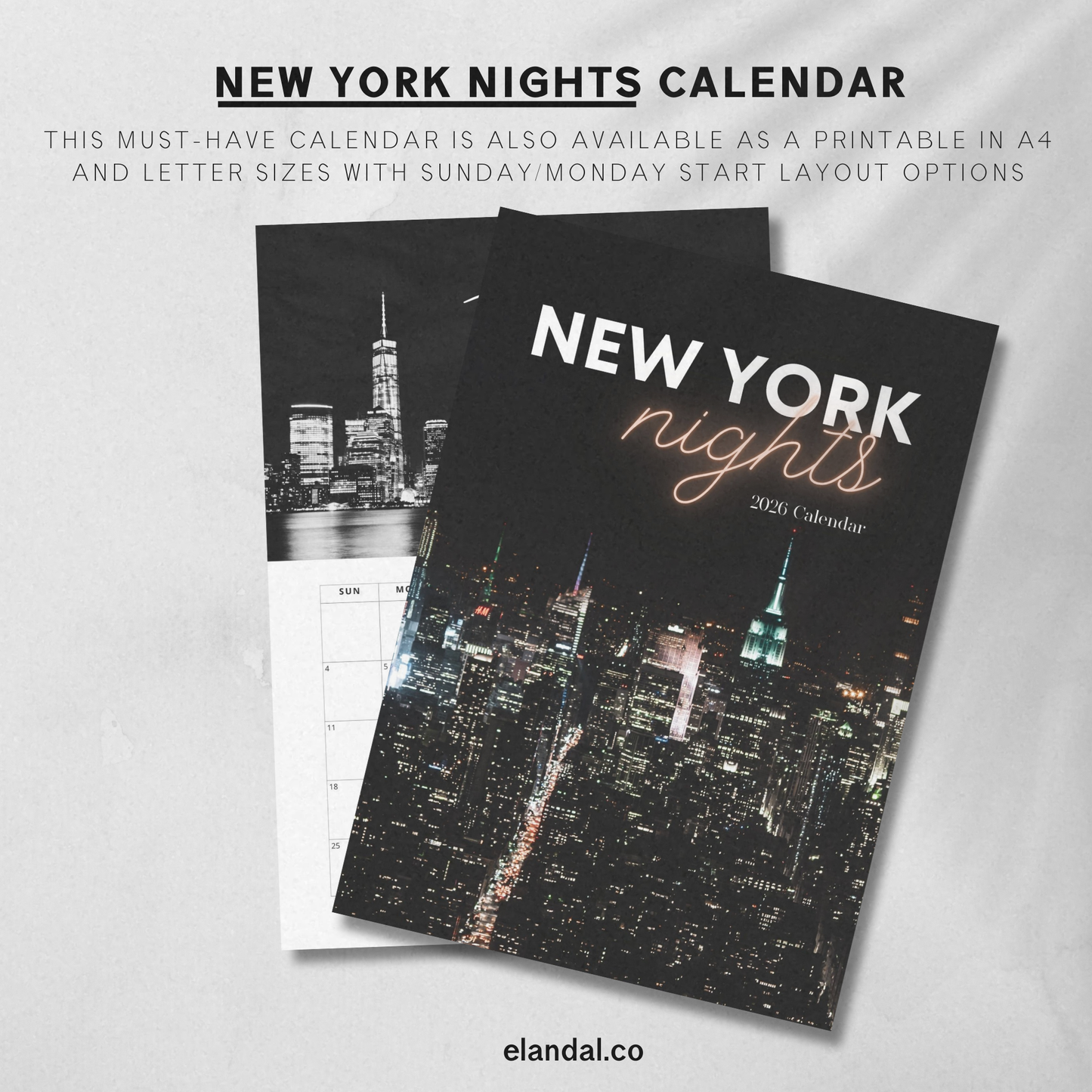 Calendario de pared con impresión vertical de las noches de Nueva York de 2025