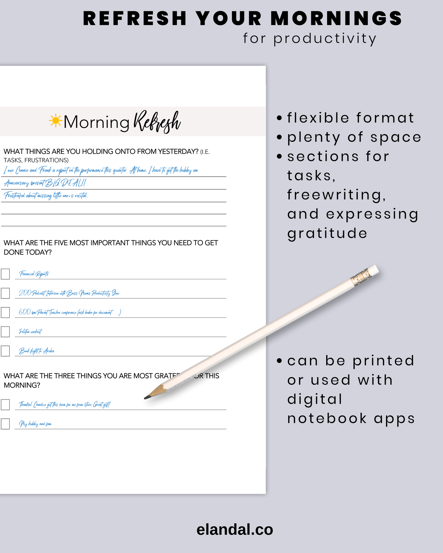 Morning Refresh Sheet: Self-Care Daily Gratitude Morning Resilience Routine Journal Insert