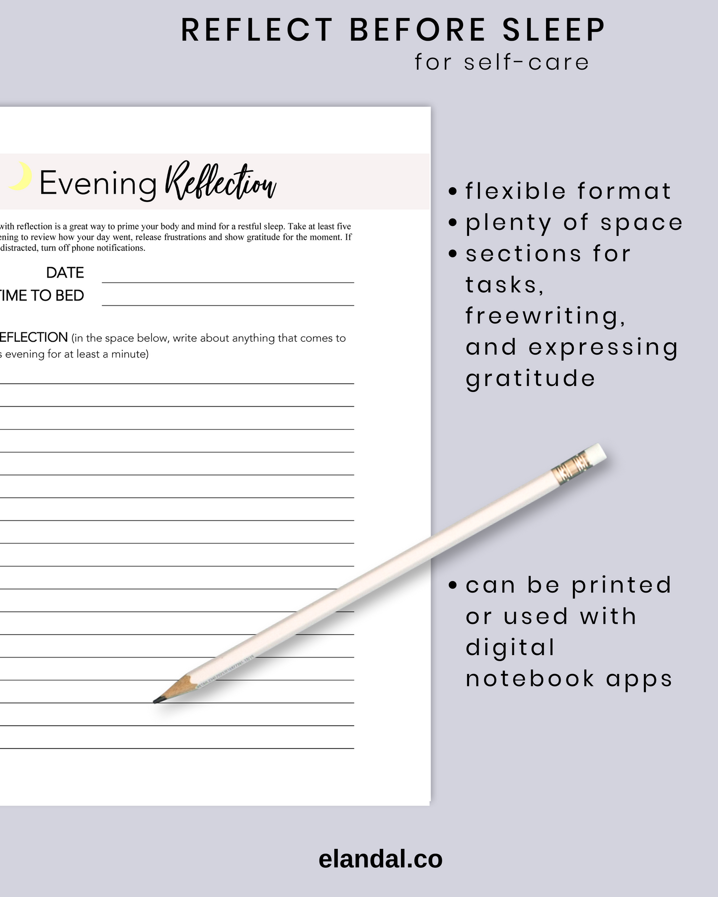 Evening Reflection Printable: Self-Care Daily Routine Gratitude Journal Pages for Bedtime