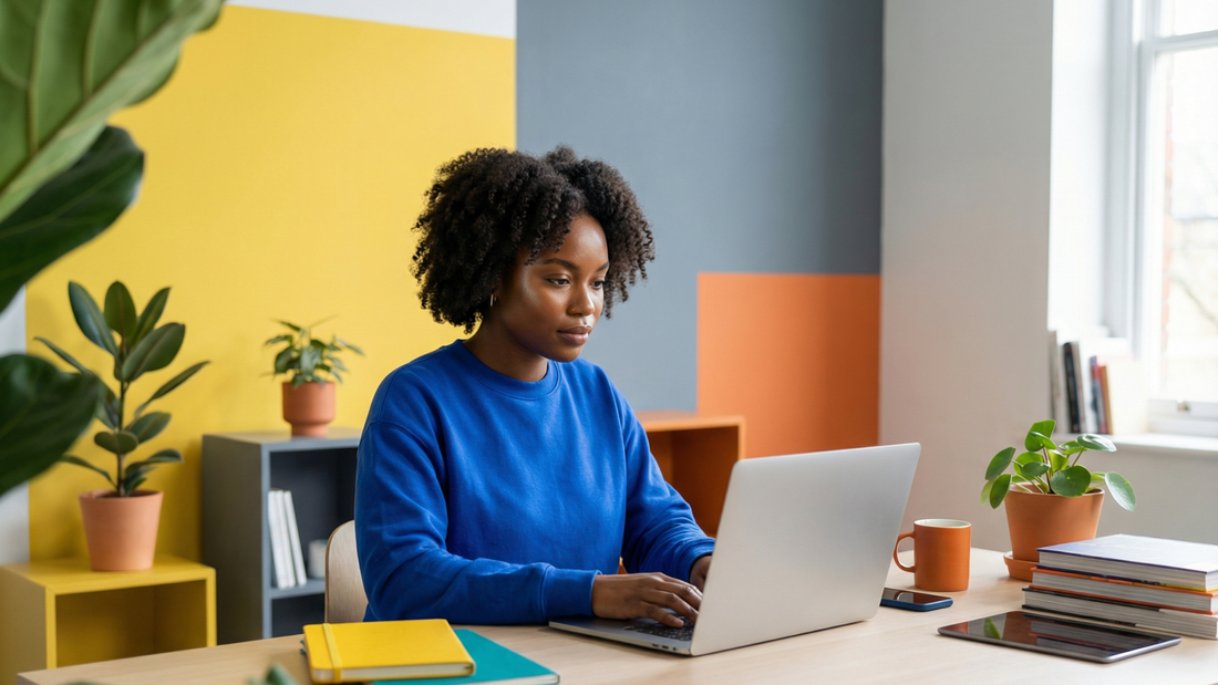 Woman sitting at desk working on a laptop.