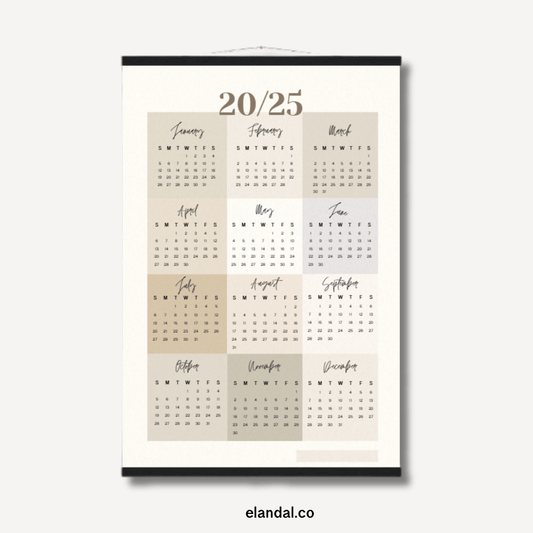 Calendario de póster con bloques de colores neutros para imprimir en 2025 con perchas