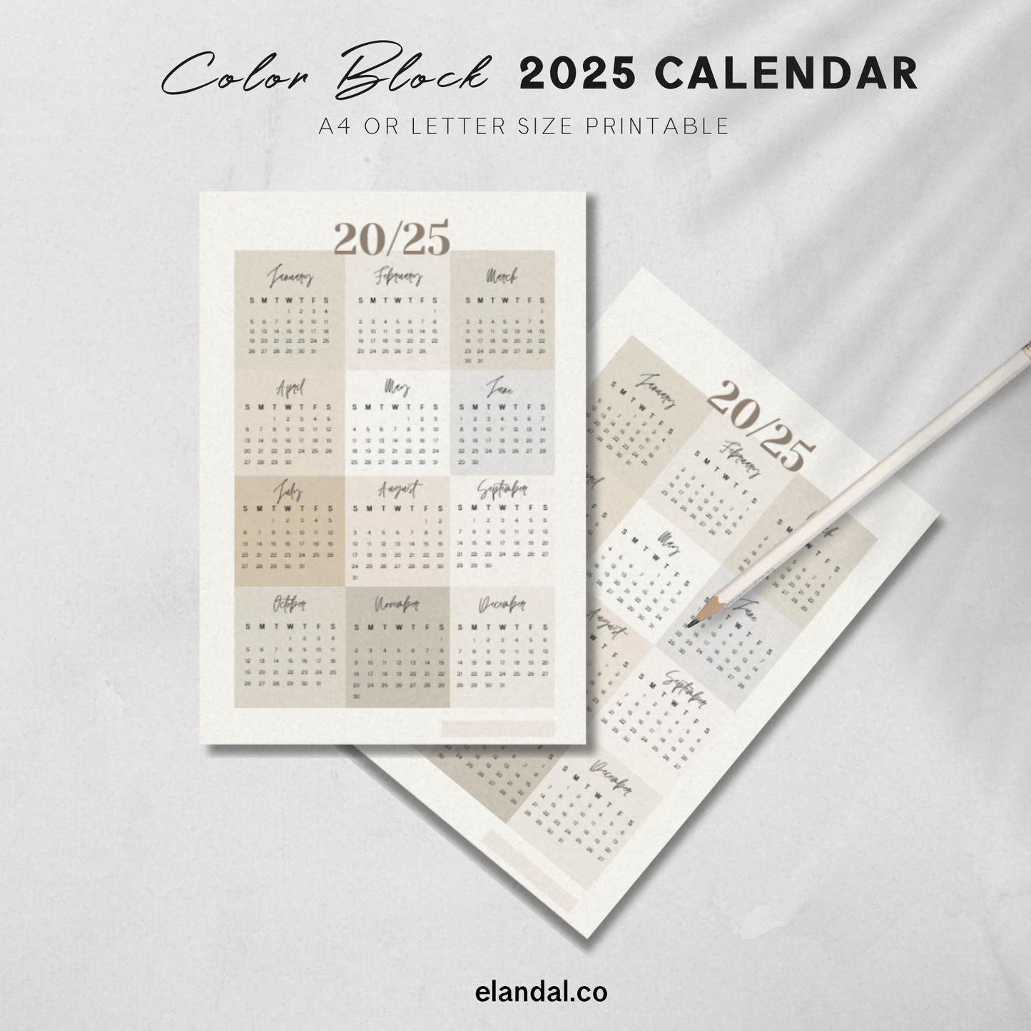 Calendario imprimible de pósteres con bloques de colores neutros para 2025 