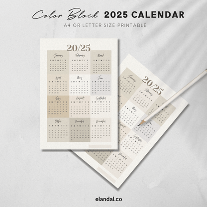 Calendario imprimible de pósteres con bloques de colores neutros para 2025 