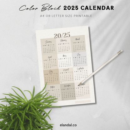 Calendario imprimible de pósteres con bloques de colores neutros para 2025 
