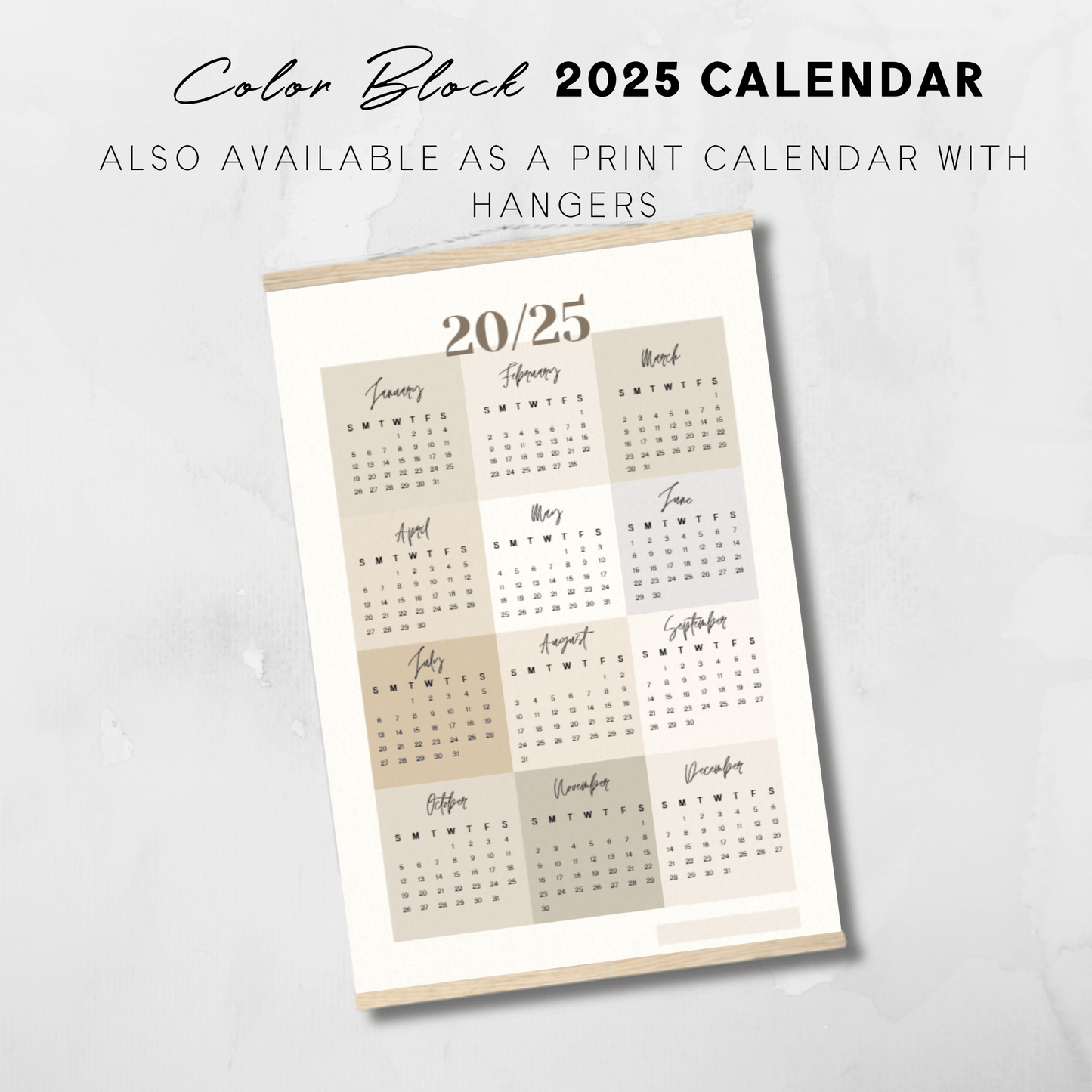 Calendario imprimible de pósteres con bloques de colores neutros para 2025 