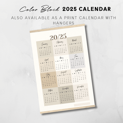 Calendario imprimible de pósteres con bloques de colores neutros para 2025 