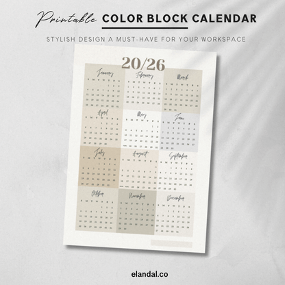 Calendario imprimible de pósteres con bloques de colores neutros para 2025 