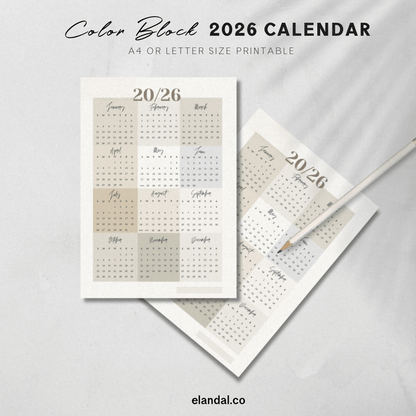 Calendario imprimible de pósteres con bloques de colores neutros para 2025 