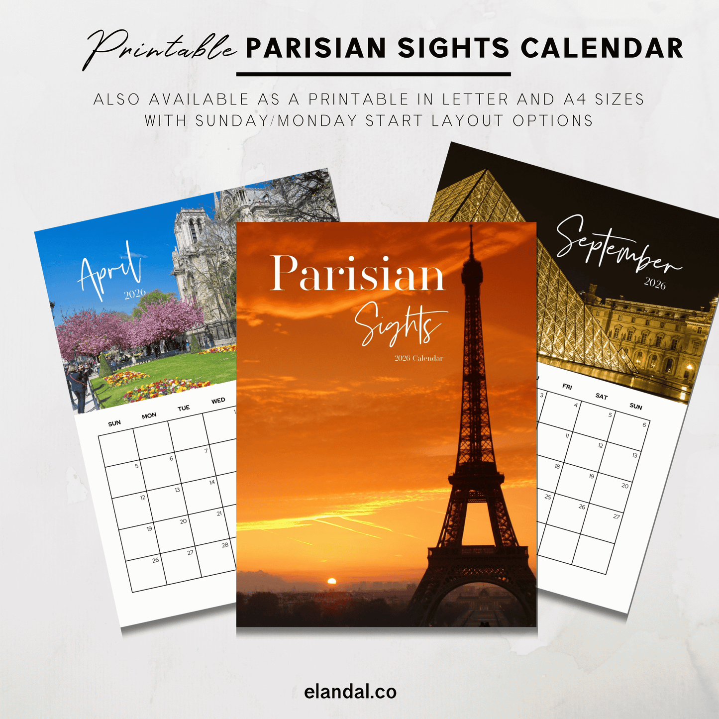 2026 Parisian Sights Print Vertical Paris Wall Calendar
