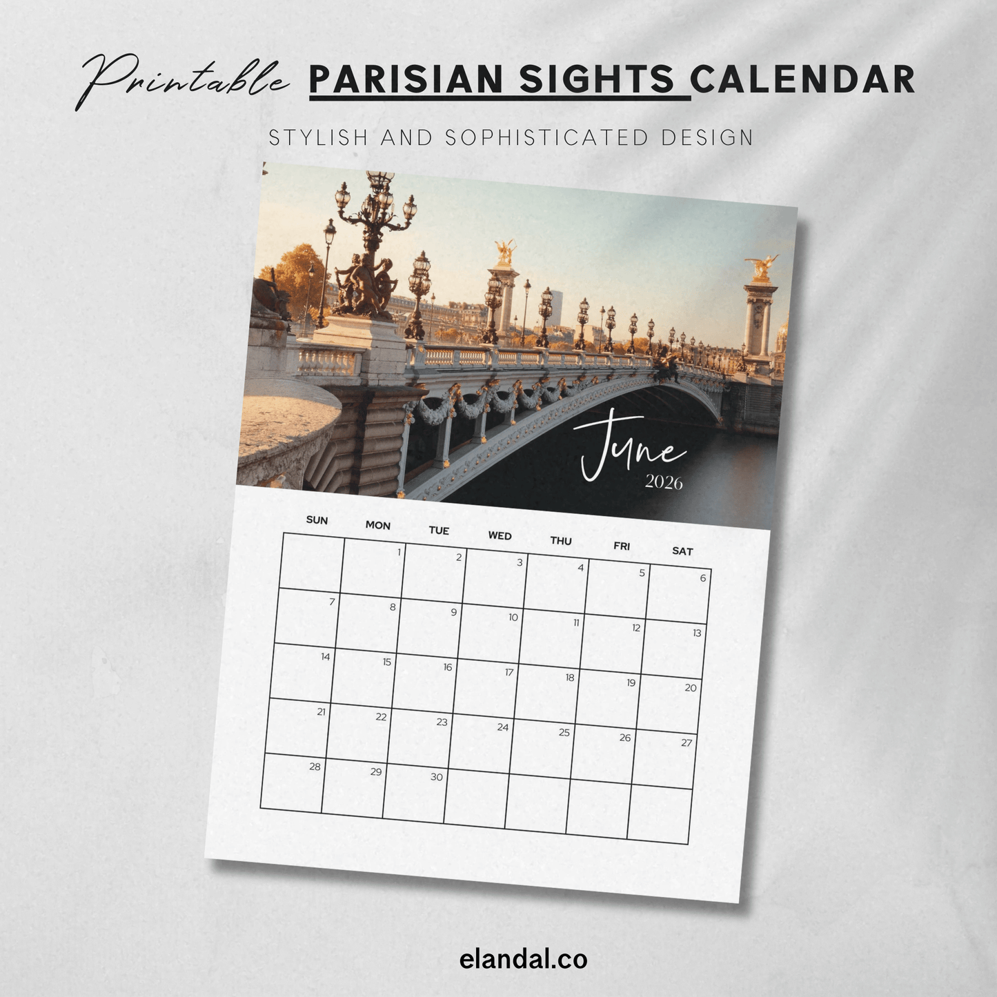 2026 Printable Parisian Sights Paris Photo Calendar