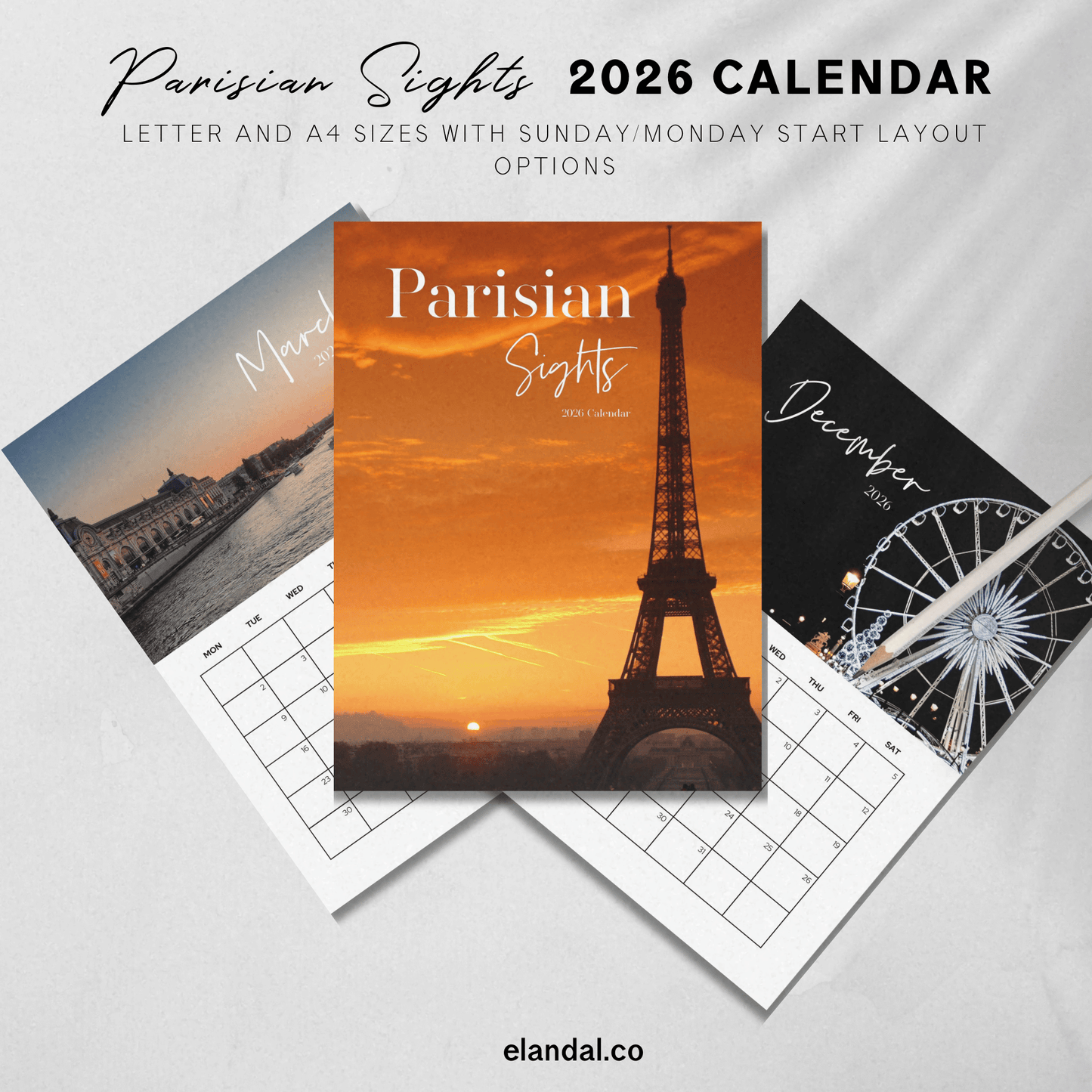 2026 Printable Parisian Sights Paris Photo Calendar