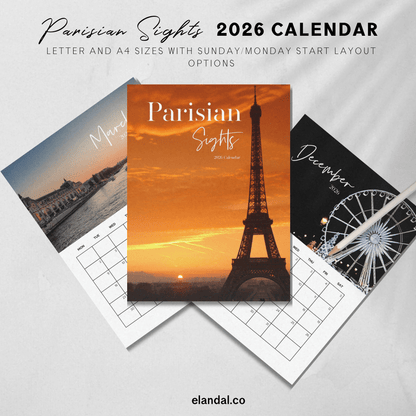 2026 Printable Parisian Sights Paris Photo Calendar