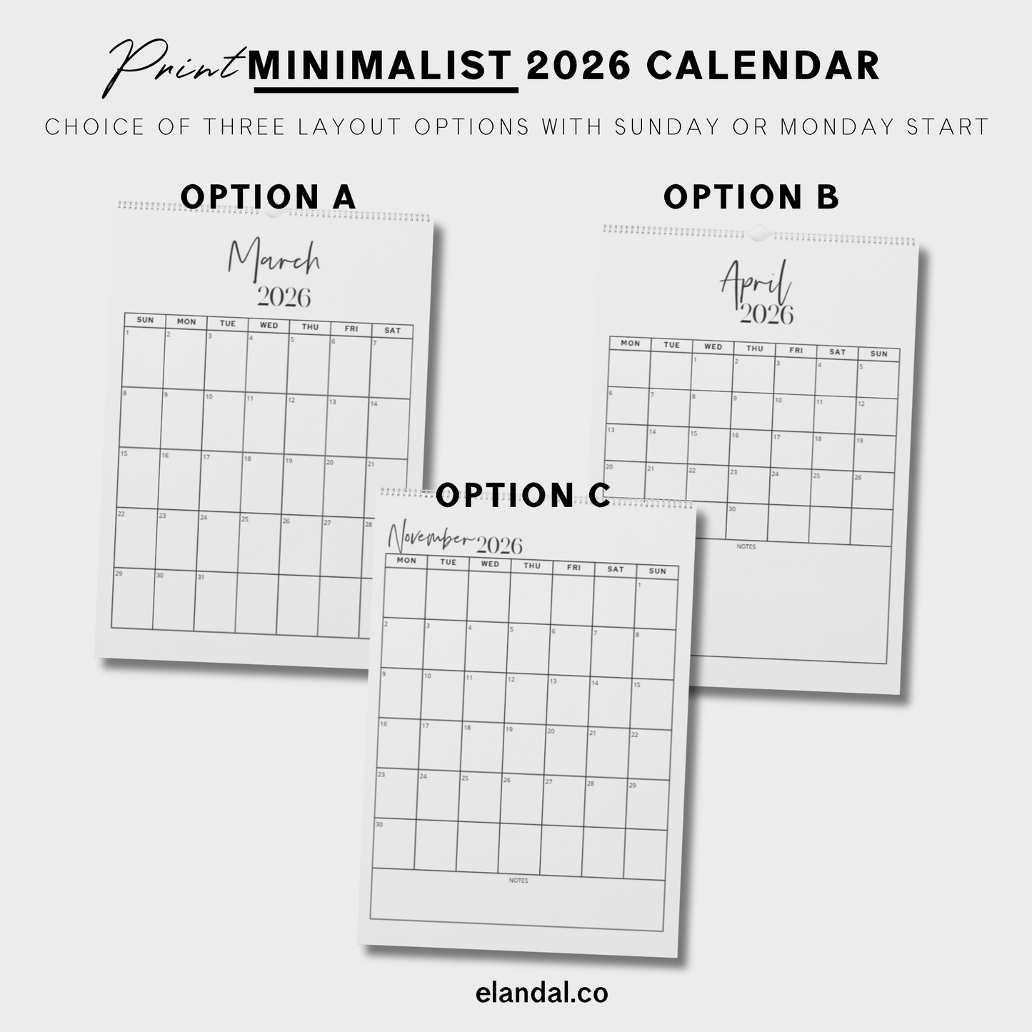 2026 Print Minimal Full Page Vertical Calendar