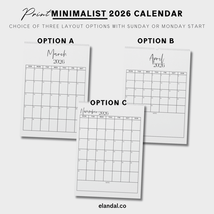 2026 Print Minimal Full Page Vertical Calendar