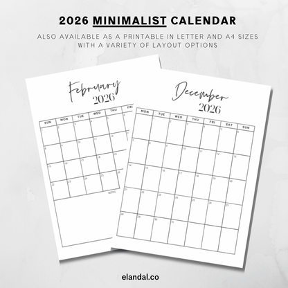 2026 Print Minimal Full Page Vertical Calendar