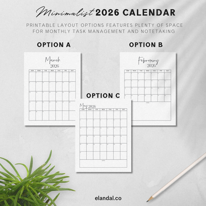 2026 Printable Minimal Vertical Calendar, Desk 12-Month Calendar, Stylish Office Decor