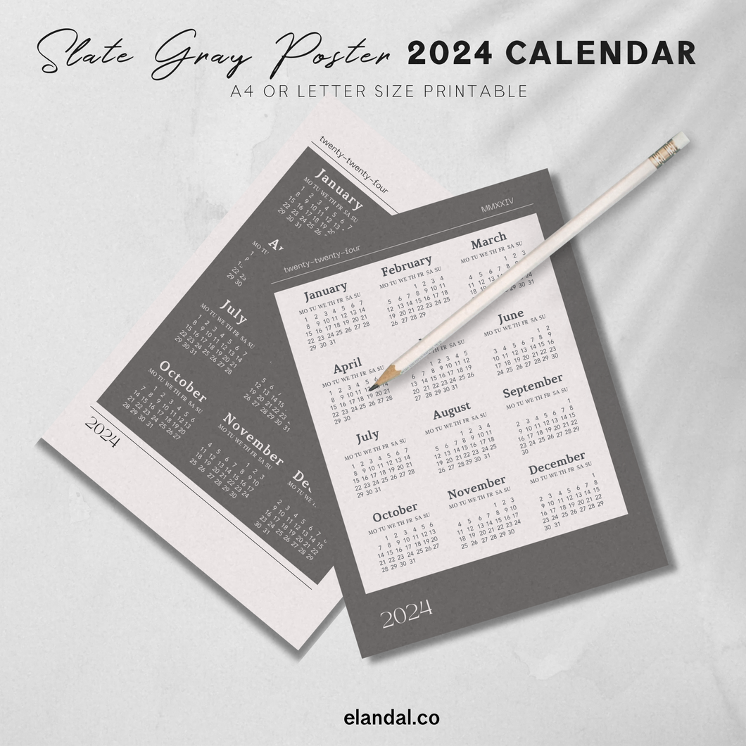 Printable 2024 Slate Gray Poster Calendar, Available in 2 Sizes, Instant Download
