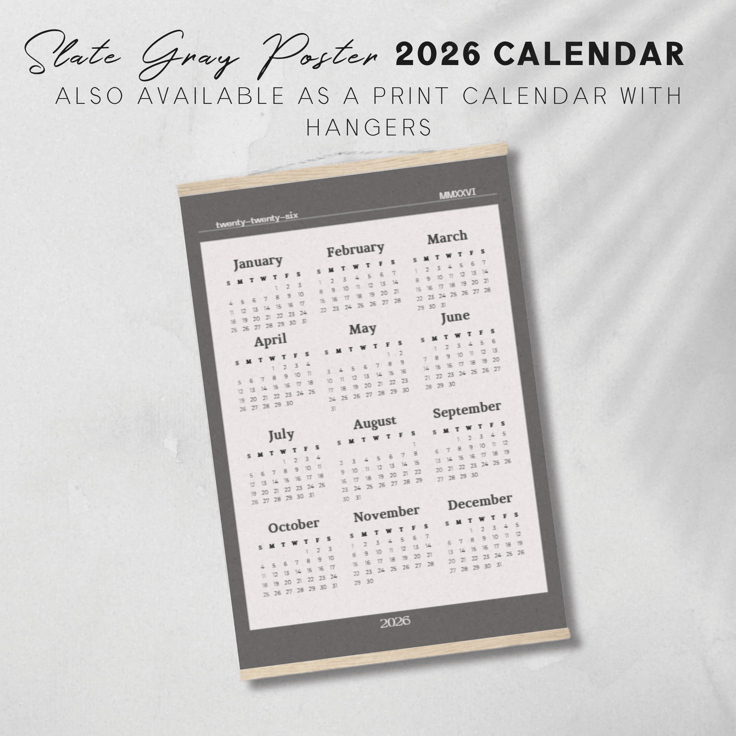 2026 Printable Slate Gray/Off White One-Page Calendar Set