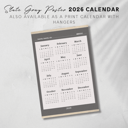 2026 Printable Slate Gray/Off White One-Page Calendar Set