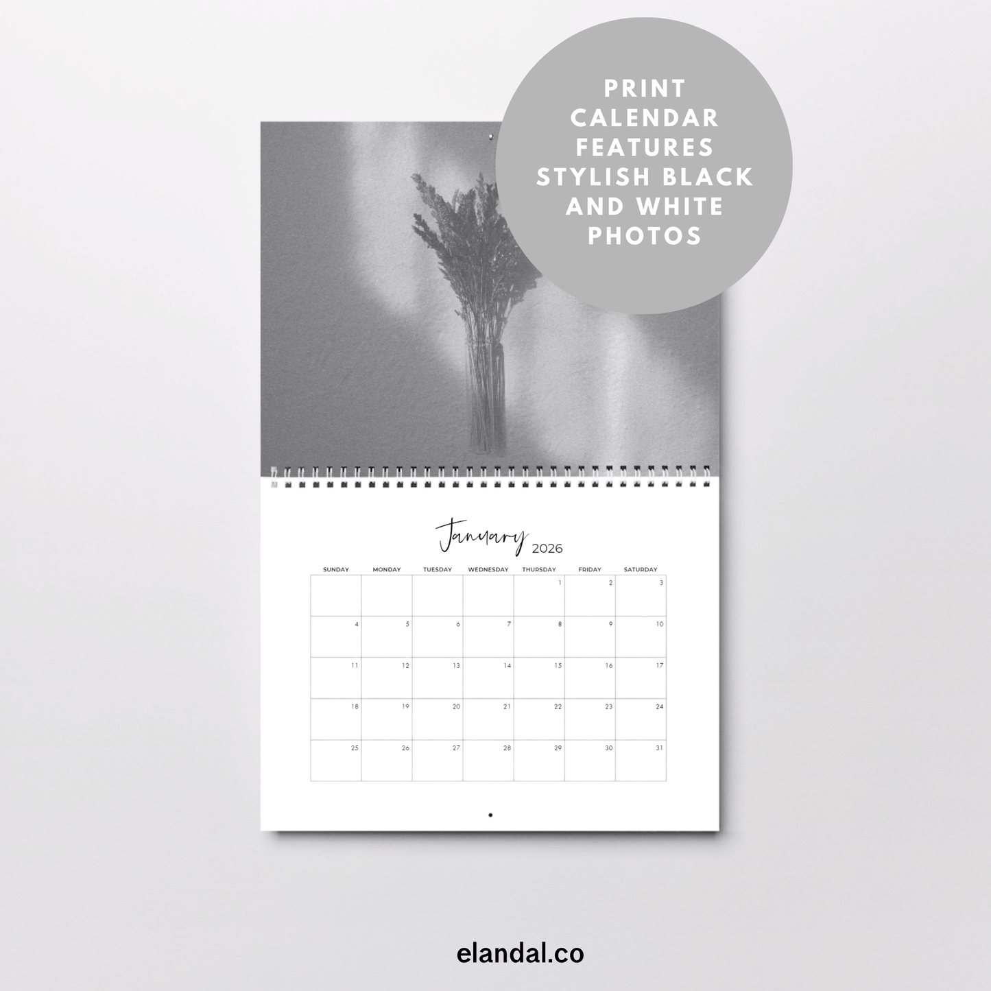 2026 Print Minimalist Landscape Black and White Photo Calendar