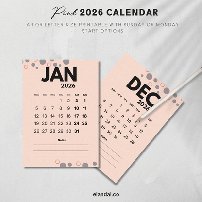 Calendario imprimible de diseño abstracto en color rosa para 2025