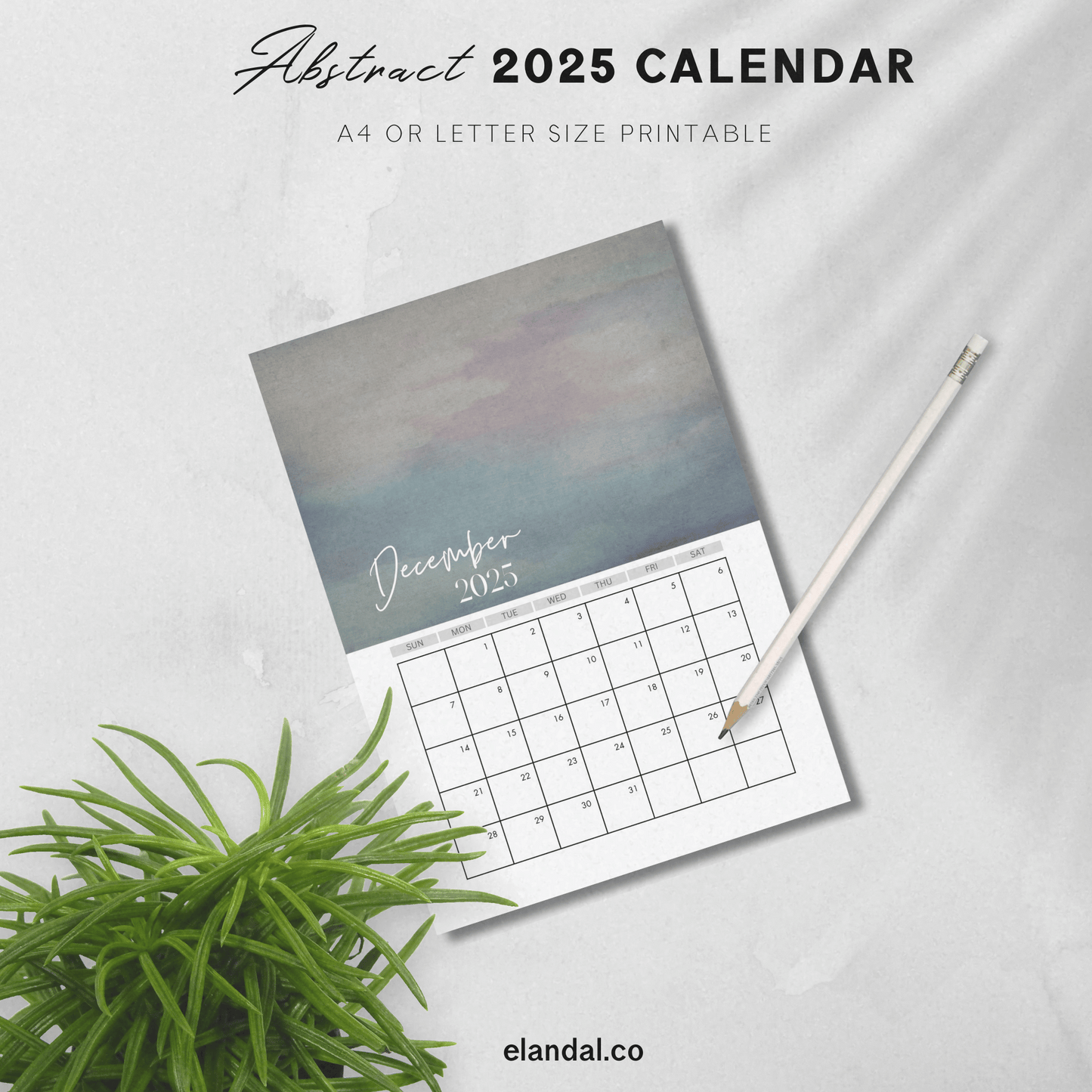 Calendario mensual vertical imprimible de arte abstracto 2025