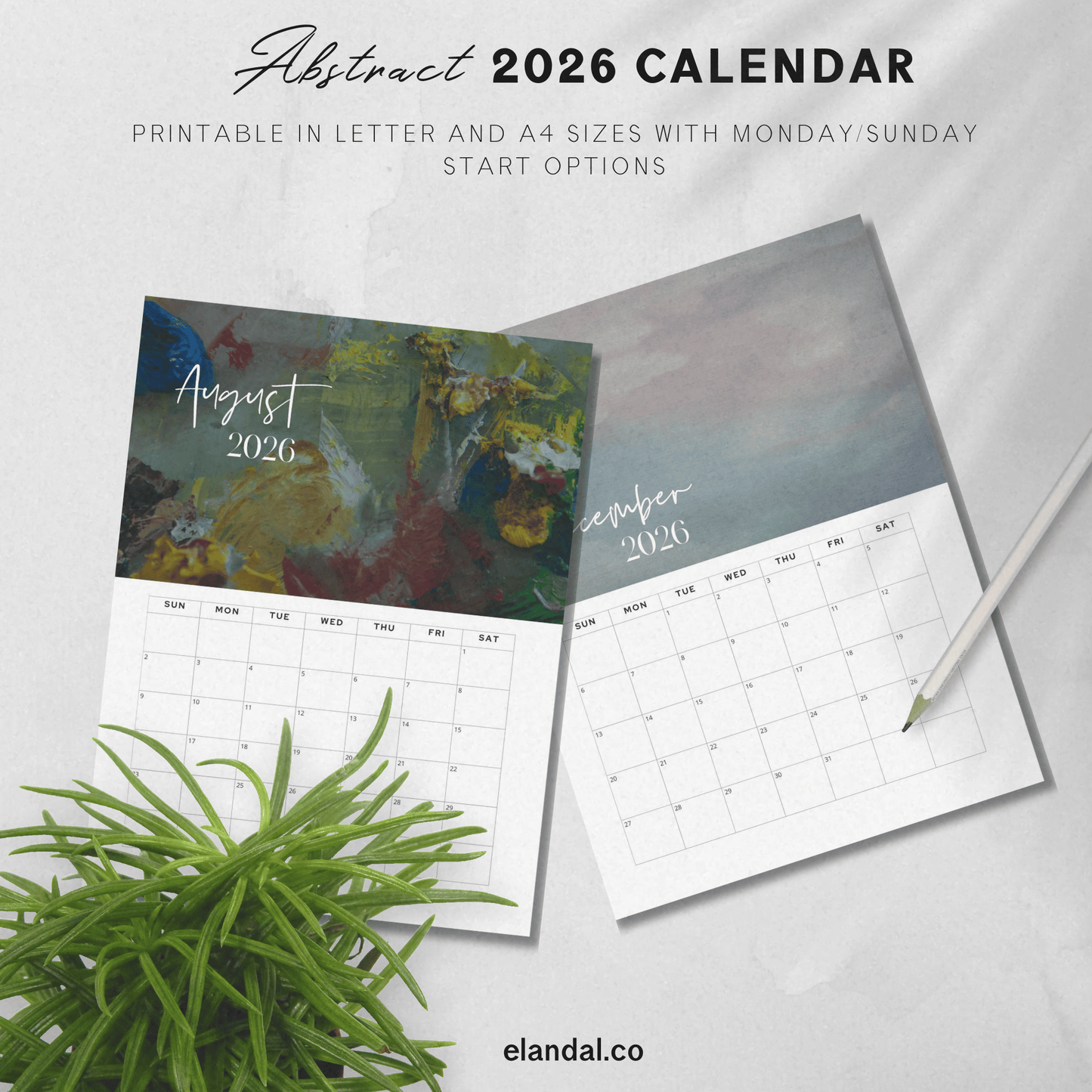 2026 Abstract Art Printable Vertical Monthly Calendar