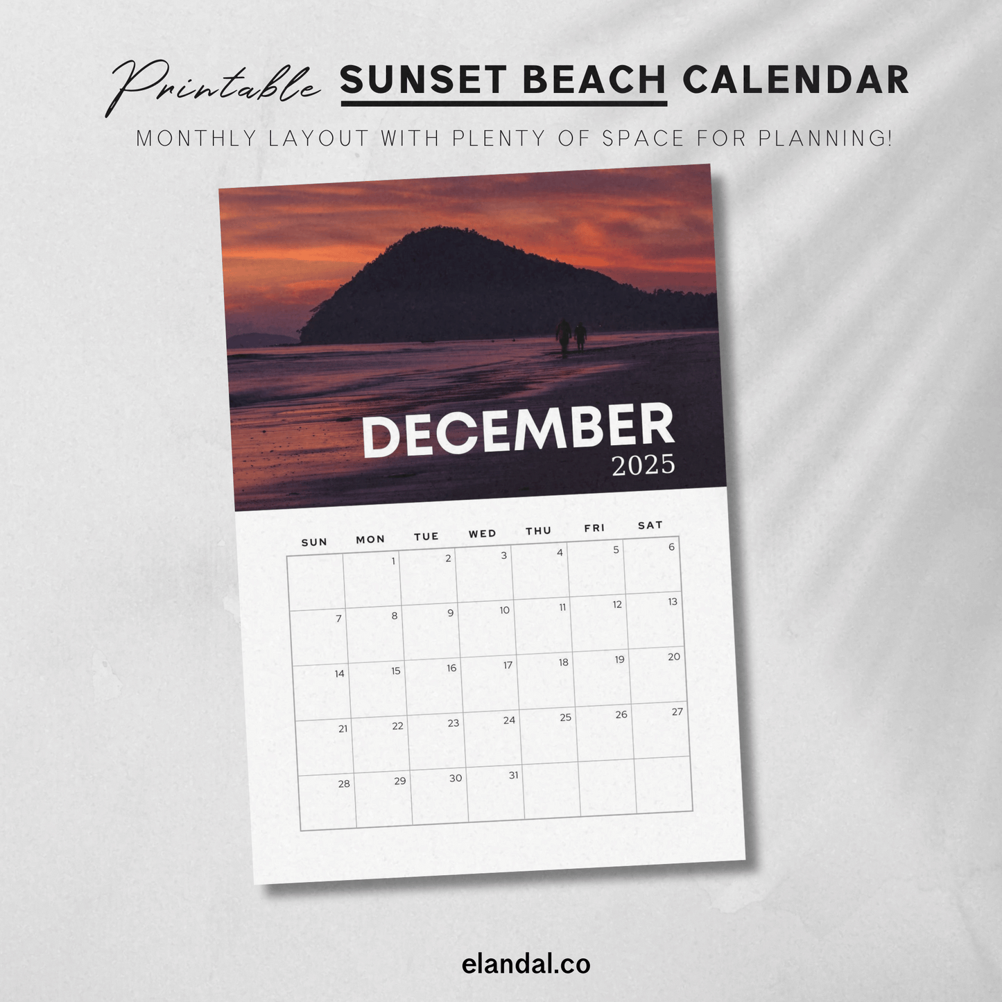 Calendario imprimible de atardeceres en playas de 2025