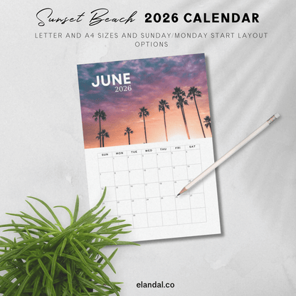 2026 Printable Sunset Beaches Calendar