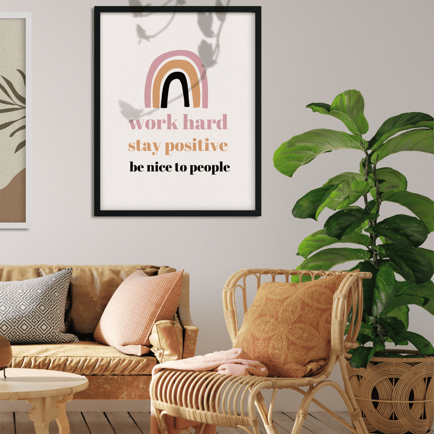 Living room with motivational poster, couch, chair, and plant