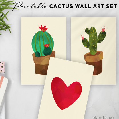 Printable Cactus Wall Art Boho Home Office Decor for Cacti Lovers Set of Three