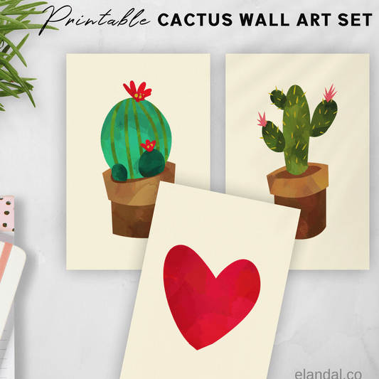 Arte de pared con cactus para imprimir | Decoración de oficina bohemia para amantes de los cactus | Regalo de arte suculento | Juego de tres tamaños de carta y póster A4 incluidos