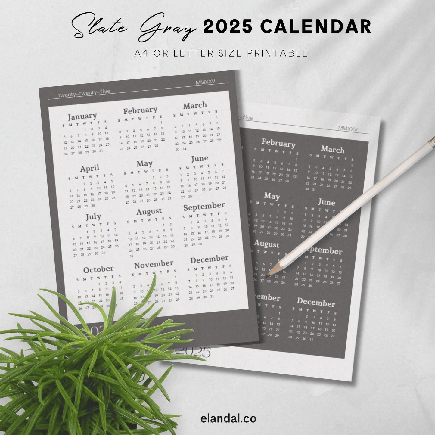 Calendario de una página para imprimir en gris pizarra y blanco roto de 2025 