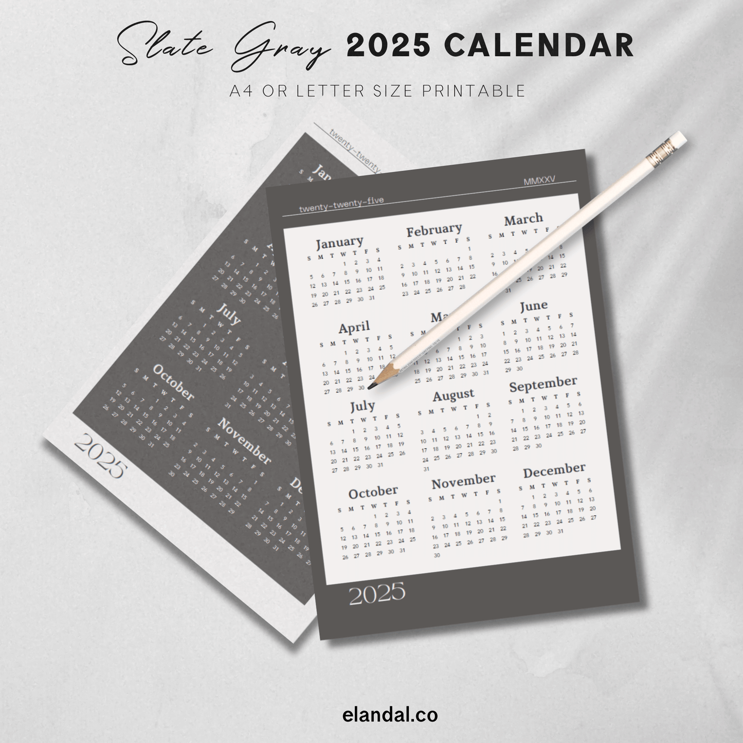 Calendario de una página para imprimir en gris pizarra y blanco roto de 2025 