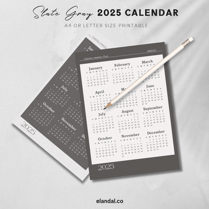 Calendario de una página para imprimir en gris pizarra y blanco roto de 2025 