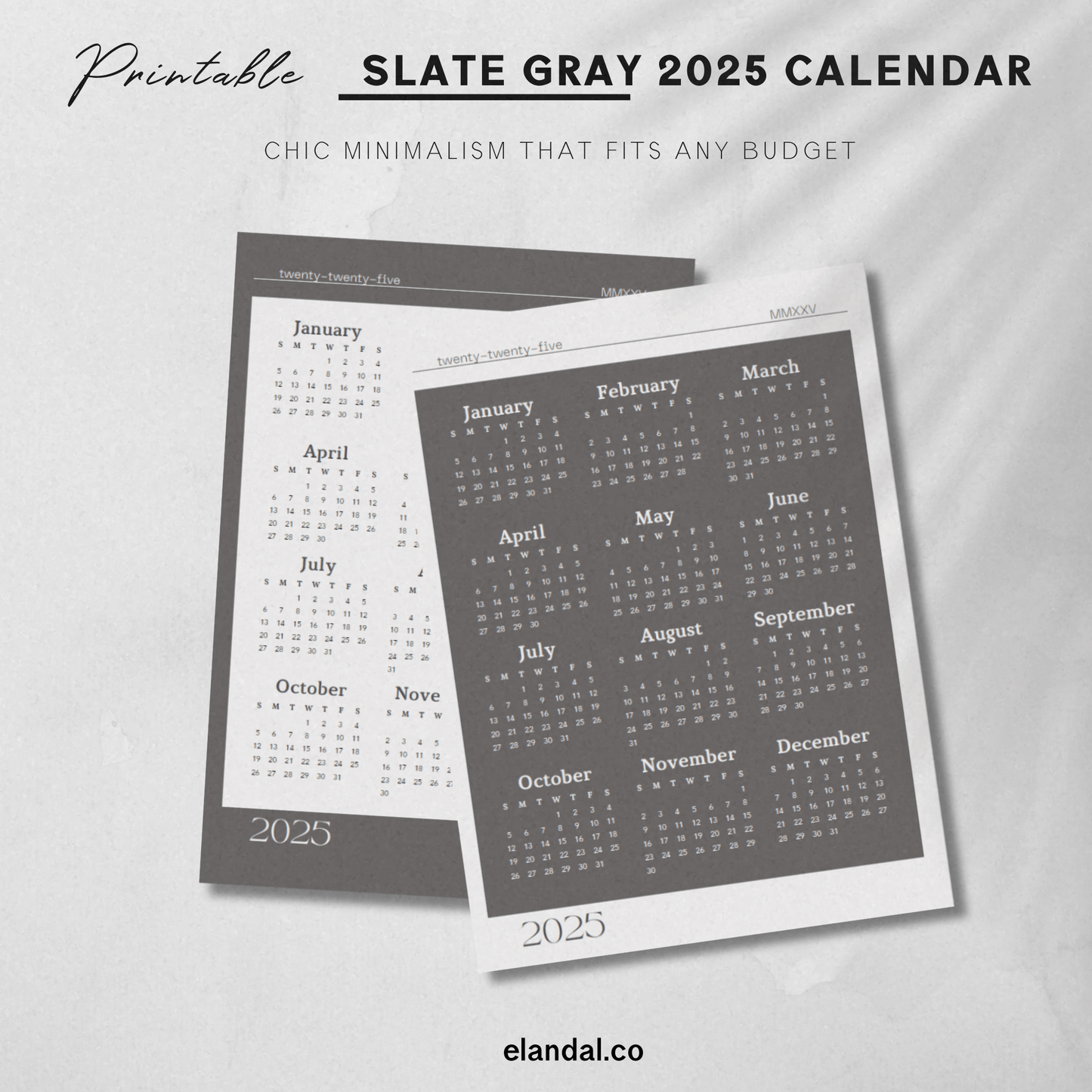 Calendario de una página para imprimir en gris pizarra y blanco roto de 2025 