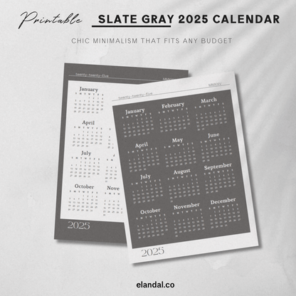 Calendario de una página para imprimir en gris pizarra y blanco roto de 2025 