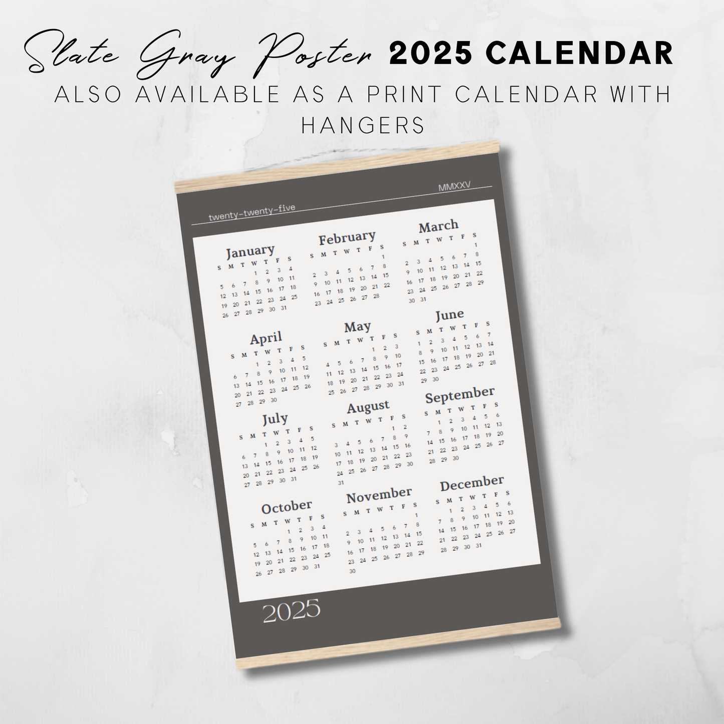 Calendario de una página para imprimir en gris pizarra y blanco roto de 2025 