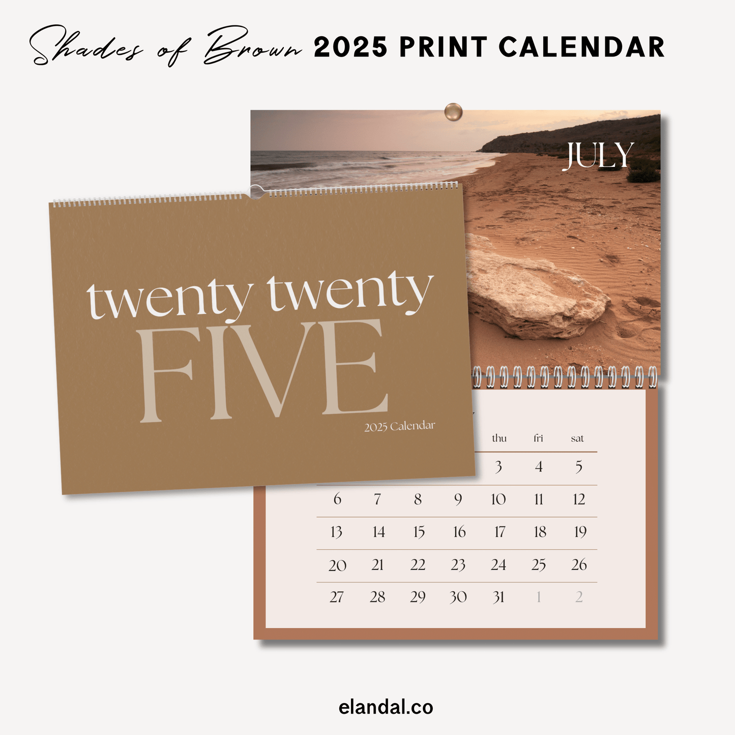 Calendario de pared minimalista con fotografías impresas en marrón de 2025