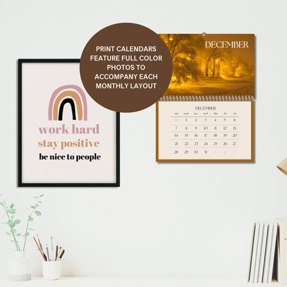 Calendario de pared minimalista con fotografías impresas en marrón de 2025