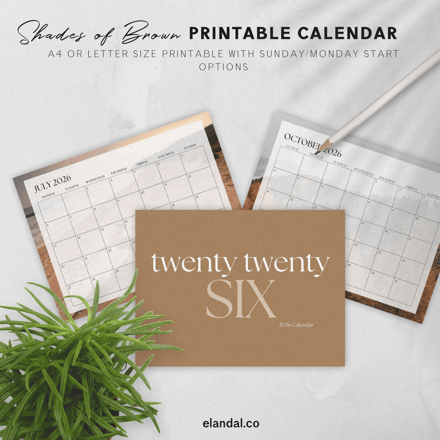 Calendario imprimible de paisajes en tonos marrones del año 2025