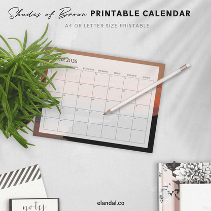 Calendario imprimible de paisajes en tonos marrones del año 2025